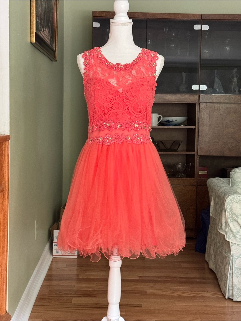Eureka Juniors' Coral Lace & Tulle Party Dress